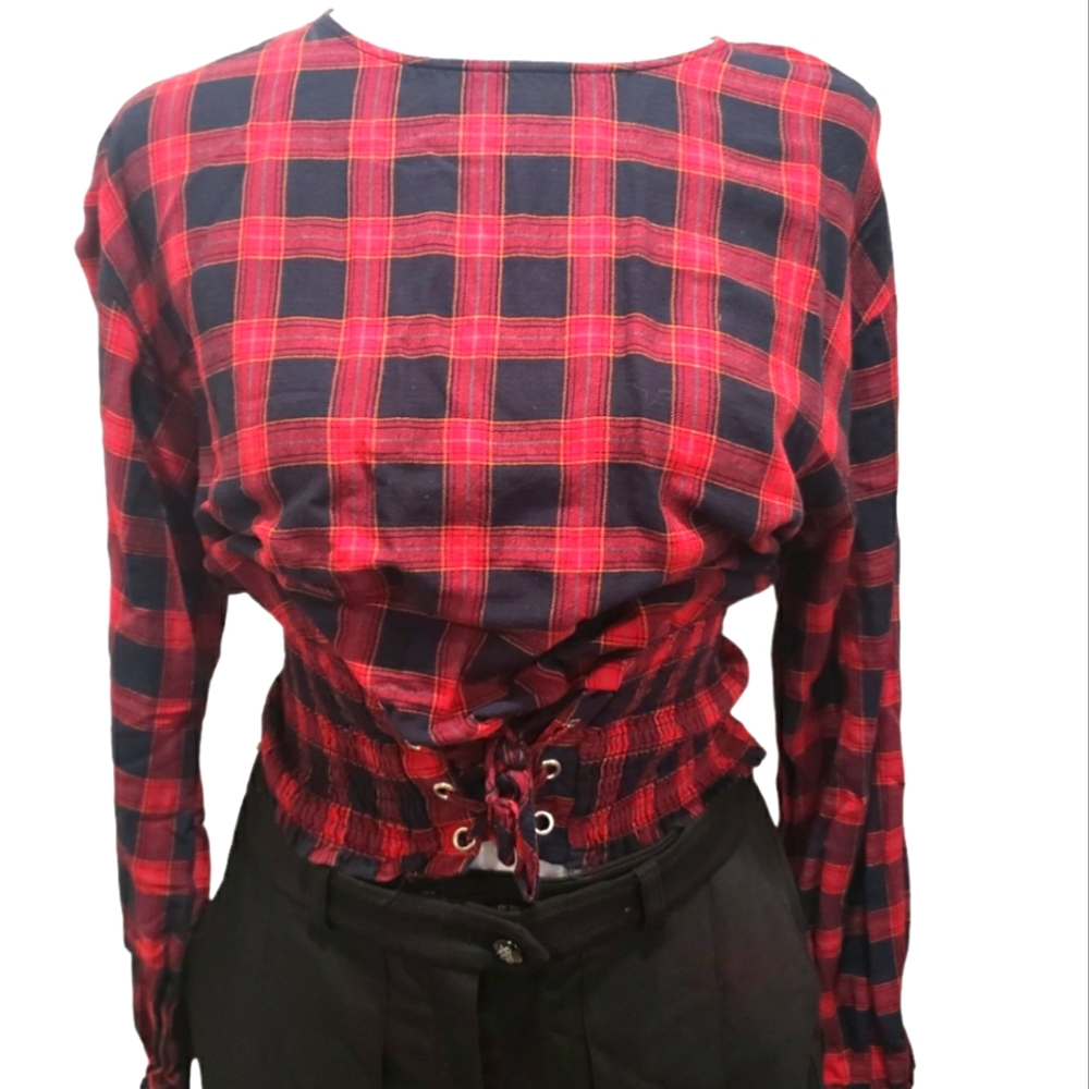Bershka Check  red and black Corset waist top ,size small
